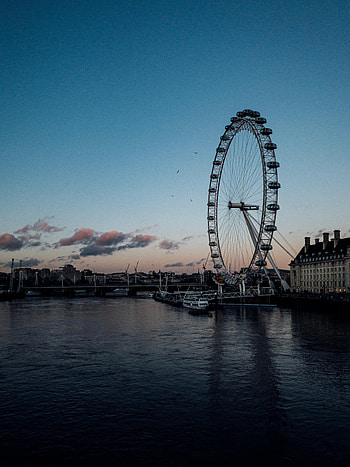 Cities, Water, Twilight, City, Building, Dusk, Ferris Wheel HD phone wallpaper