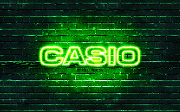 Casio green logo, , green brickwall, Casio logo, brands, Casio neon logo, Casio HD wallpaper
