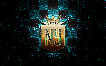 NY Gotham FC, glitter logo, NWSL, blue black checkered background, soccer, american football club, NY Gotham logo, mosaic art, football, NY Gotham HD wallpaper