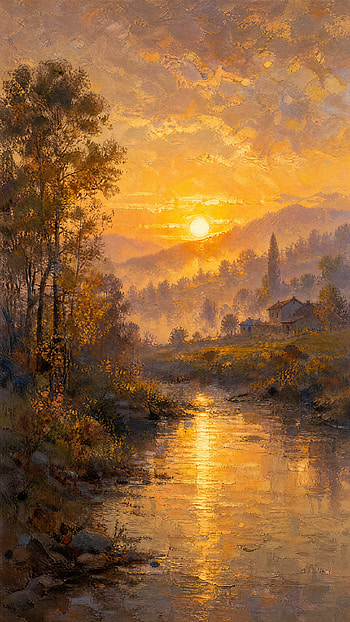 Golden Sunrise | Amber River Dawn | Sunlit Valley Dawn | Dawn Glow, Cabin, Landscape HD phone wallpaper