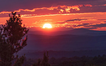 Mount Greylock at sunset, Massachusetts, mountains, tree, clouds, colors, sky, sun, usa HD wallpaper
