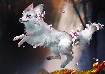 Silvervale Daiya, fantasy, art, flower, vulpe, fox, flutti, charline k, white, pink HD wallpaper
