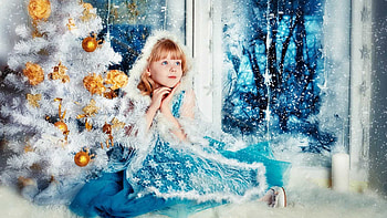 Blue Eyes Cute Little Girl Is Wearing White Blue Lace Netted Dress Sitting Near Decorated Christmas Tree With Snow Cute HD wallpaper