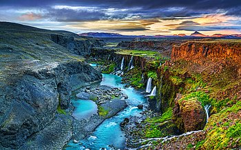 Iceland, canyon, blue river, mountains, cloudy weather, waterfalls, summer, beautiful nature, R, Europe HD wallpaper