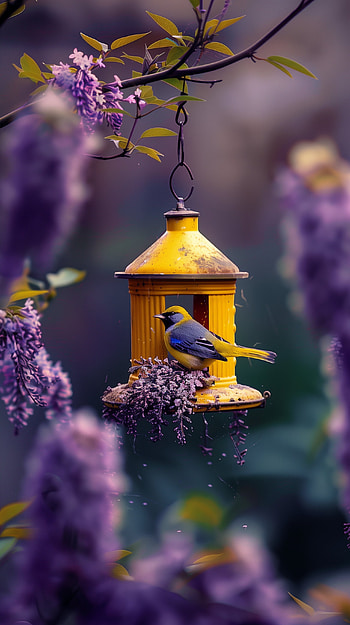 Serenity at Dusk - Bird & Feeder, bird, bird feeder, purple flower, nature, Wildlife HD phone wallpaper