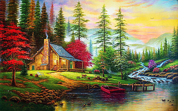 Cabin in the forest, sunset, artwork, river, painting, trees, sky, mountains HD wallpaper