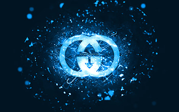 Gucci blue logo, , blue neon lights, creative, blue abstract background, Gucci logo, brands, Gucci HD wallpaper