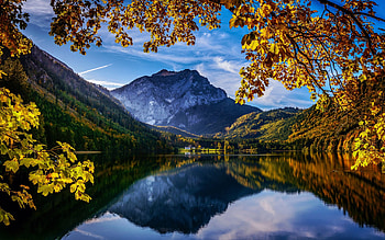 Lake Langbathsee, Austria, water, leaves, reflection, autumn, trees, alps, mountains HD wallpaper