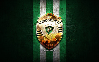 Ludogorets FC, golden logo, Parva liga, green metal background, football, bulgarian football club, Ludogorets logo, soccer, PFC Ludogorets Razgrad HD wallpaper