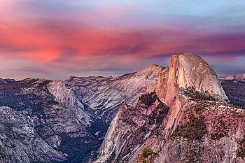 The Pink Falls on Half Dome, Yosemite, california, reflection, landscape, clouds, colors, sky, mountains, usa HD wallpaper