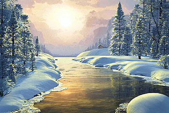 Winter Sunset, river, reflection, painting, snow, mountains, sun, forest, cabin HD wallpaper