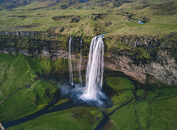 Waterfall, grass, nature, mountain HD wallpaper