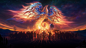 fire of the phoenix, night, phoenix, bonfire, desert, people HD wallpaper