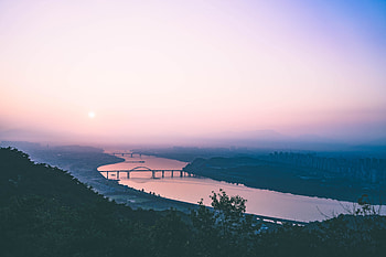 Sunset, violet sky, river, bridge, nature HD wallpaper