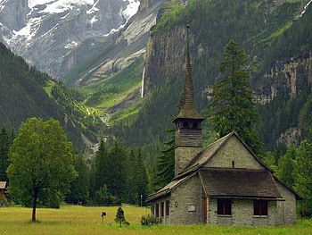 Old Church, trees, waterfalls, mountains, church HD wallpaper