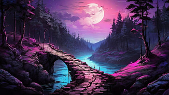 Night Sky, bridge, night, moon, forest, purple HD wallpaper