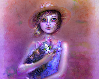 Summer days, blue, thegirlcansmile, girl, cat, pisica, pink, fantasy, luminos, hat HD wallpaper