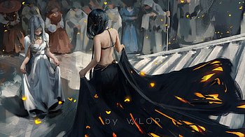 Curtesy, white, black, fantasy, wlop, luminos, dress, woman HD wallpaper