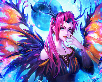 Forest angel, blue, wings, frumusete, riika, girl, angel, orange, sofia riekkinen, pink, moon, fantasy, luna, luminos, forest HD wallpaper