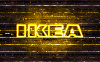 IKEA yellow logo, , yellow brickwall, IKEA logo, brands, IKEA neon logo, IKEA HD wallpaper