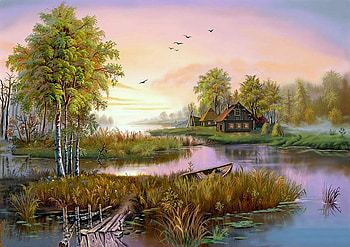 Tsiganov (hop). In the enchanted swamps, art, house, nature, peaceful, lake, sunset, tree HD wallpaper