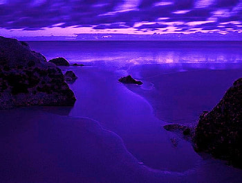 Hint of dawn, blue night, soft light, pink clouds, calm, rocks, ocean HD wallpaper