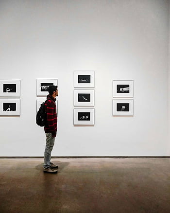 A man stands in an art gallery, observing framed black and white graphs. HD phone wallpaper