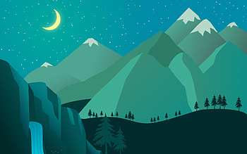 mountains, waterfall, moon, nightscapes, minimal, creative, abstract landscapes, abstract nature HD wallpaper