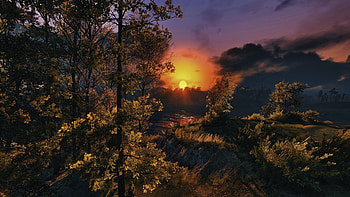 Autumn Sunset, river, leaves, landscape, trees, colors, sky, sun HD wallpaper