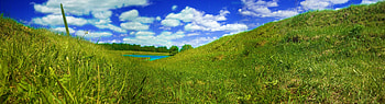 River among fields, river, field, clouds, sky, grass HD wallpaper