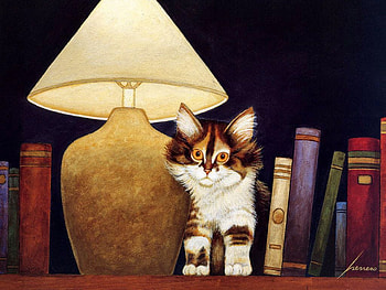 I need much light to read, animal, kitten, book, light, lamp, cat, library, feline HD wallpaper