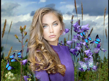 Lavendar Blue, blue, blonde, lilacs, floral, artistic, butterflies, creative, female, stunning, breathtaking, blue eyes, gorgeous, girl, feminine, beautiful, woman, pretty, flowers, women, lovely HD wallpaper