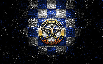 Al-Najma FC, glitter logo, Bahraini Premier League, blue white checkered background, soccer, Bahraini football club, Al-Najma SC logo, mosaic art, Al-Najma SC, football, Al-Najma Club HD wallpaper