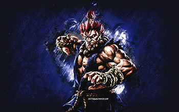 Akuma, Street Fighter, blue stone background, Akuma character, grunge art, Street Fighter characters, Akuma Street Fighter HD wallpaper