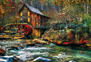 Old Mill, stones, stream, painting, trees, forest, rocks HD wallpaper