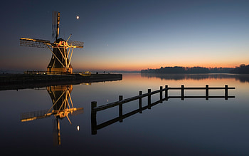 Windmill at Night, night, windmill, lake, Moon, fence HD wallpaper