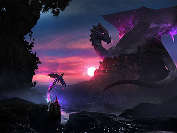 The Guardian, blue, pink, guardian, fantasy, dragon, luminos, sunrise, riky HD wallpaper