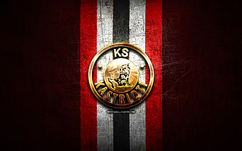 Kastrioti FC, golden logo, Kategoria Superiore, red metal background, football, Albanian football club, KS Kastrioti logo, soccer, KS Kastrioti HD wallpaper