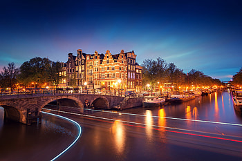 Amsterdam city lights, Canal bridge, River boats, Trees HD wallpaper