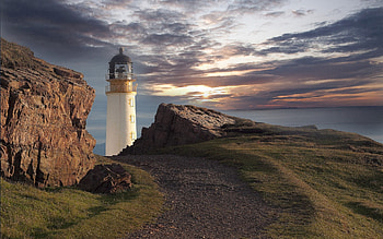 stone road to a beautiful lighthouse, clouds, lighthouse, road, rocks HD wallpaper