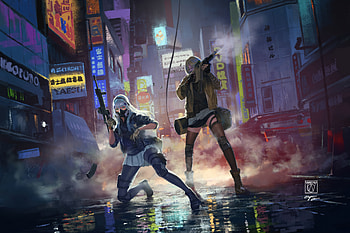 Anime Heroines, anime-girl, anime, guns, artist, artwork, digital-art, pixiv HD wallpaper