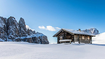 Winter in the Dolomites, Italy, mountains, alps, cabin, clouds, landscape, sky HD wallpaper