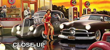 Close Up, fifties, 50s, soldier, cars, station, painting, gas, america, vintage HD wallpaper