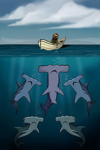 Art, Sea, Sharks, Boat, Human, Person, Depth HD phone wallpaper