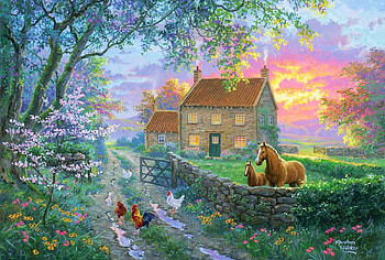 English Farmlife, horse, poultry, house, artwork, hedge, painting, trees, foal, sunset HD wallpaper
