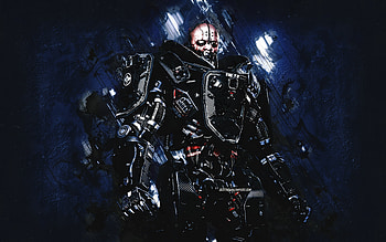 Adam Smasher, Cyberpunk 2077, blue stone background, Cyberpunk 2077 Characters, Adam Smasher Cyberpunk, Adam Smasher character HD wallpaper