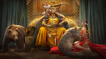The Khan, digital, art, fantasy, khan, man, girl, wolf, woman, bear HD wallpaper