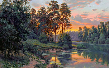 Colors of Evening, river, painting, nature, forest, sunset, evening HD wallpaper
