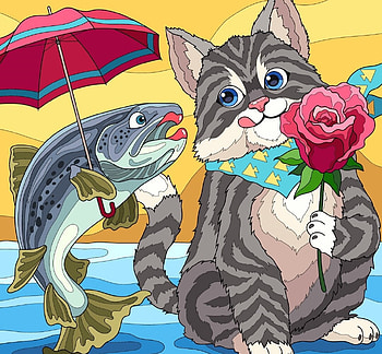 :D, umbrella, art, cat, rose, summer, fantasy, pisici, yellow, red, pesti, flower, harsh taggar, fish, vara HD wallpaper