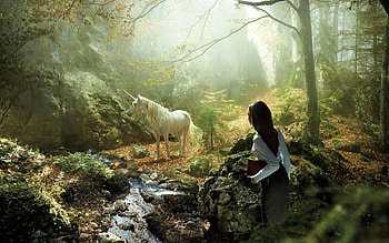 Mystic Unicorn, horse, art, light, trees, girl HD wallpaper